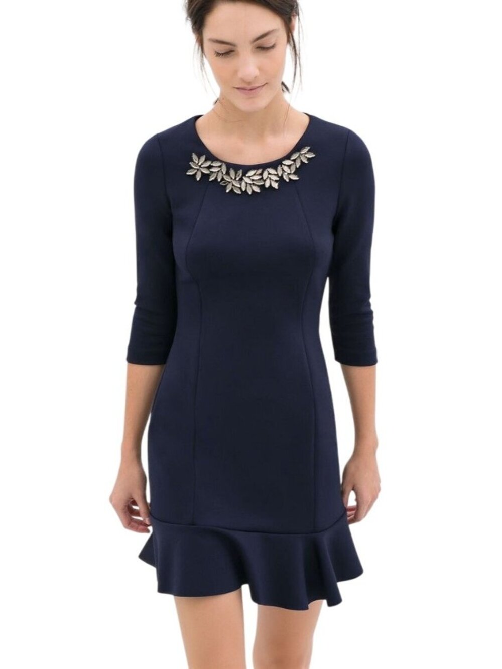 Zara Women's M Navy Jeweled Neck Dress 3/4 Sleeve Trumpet Hem Wedding Guest